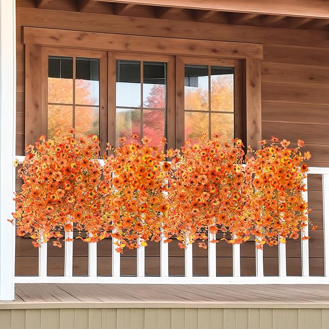 Artificial Fall Flowers for Outdoors, 2PCS Silk Fake Flowers Realistic Daisy Mums UV Resistant Porch Patio Window Yard Decor (Sunset Red)