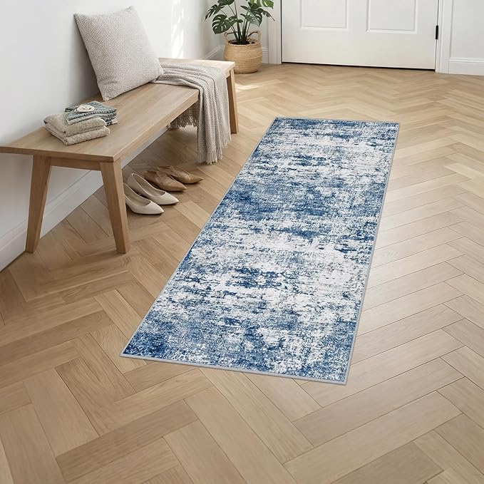 2'x6' Runner Rug Washable Rug: Modern Abstract Soft Thin Runner Rug Blue