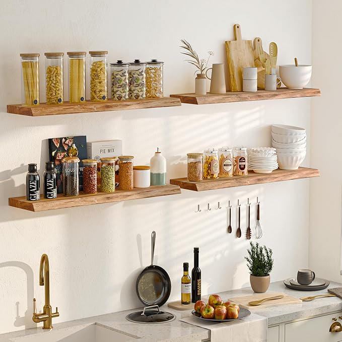 Fun Memories Floating Shelves for Wall, 42 Inch Rustic Live Edge Floating Shelf, Heavy-Duty Wall Shelves with Invisible Bracket Mount for Living Room, Bathroom, Bedroom, Kitchen, Natural