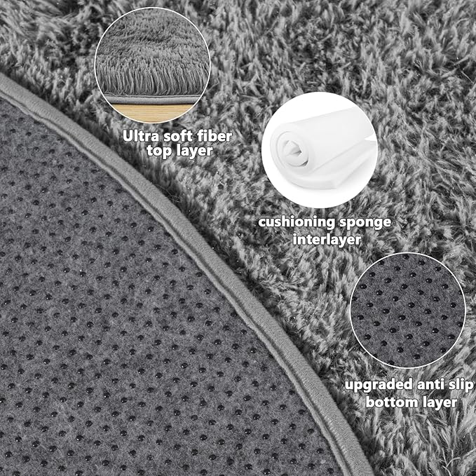 6‘x6’ Grey Round Rug for Bedroom, Ultra Soft Fluffy Circle Rug for Kids Girls Boys Room, Cute Shag Rugs for Living Room Playroom Teen Room Home Decor Rug