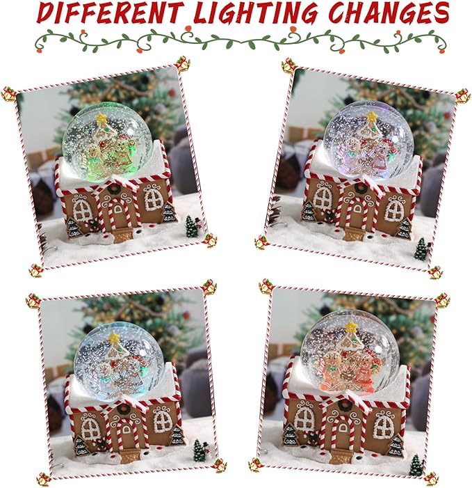 Vipush Christmas Snow Globe - Gingerbread Man Musical Snow Globe with Color Changing Led Lights, Christmas Decorations with Music Box Gifts for Girls Kids, Dog Decorations for Christmas & Birthday