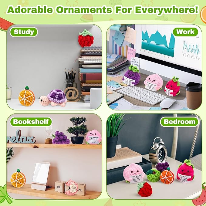 VioraWhite 18 Pcs Fruit Animals Positive Emotional Dolls Bulk Encouragement Emotional Knitted Crochet Gifts with Positive Words for Friends Coworker Decorations for Home Office