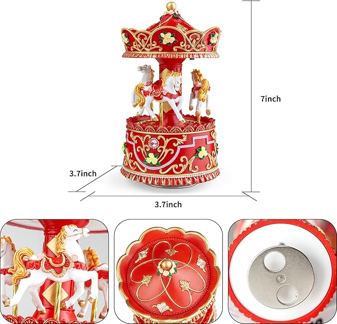 Christmas Carousel Music Box with Lights, Rotating Wind Up Musical Merry-Go-Round Figurine, Hand Painted Holiday Collectible Decor, Plays Jingle Bells, Gift for Kids, Girls, Women