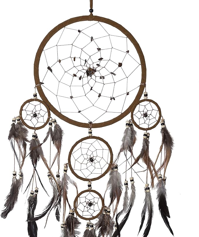 OMA Dream Catcher Wall Hanging with Tiger Eye Stones and Feathers, Brown Suede Traditional Dream Catcher Boho Home Decor Bedroom Decoration Gift Large Size - 28" Long x 9" Diameter