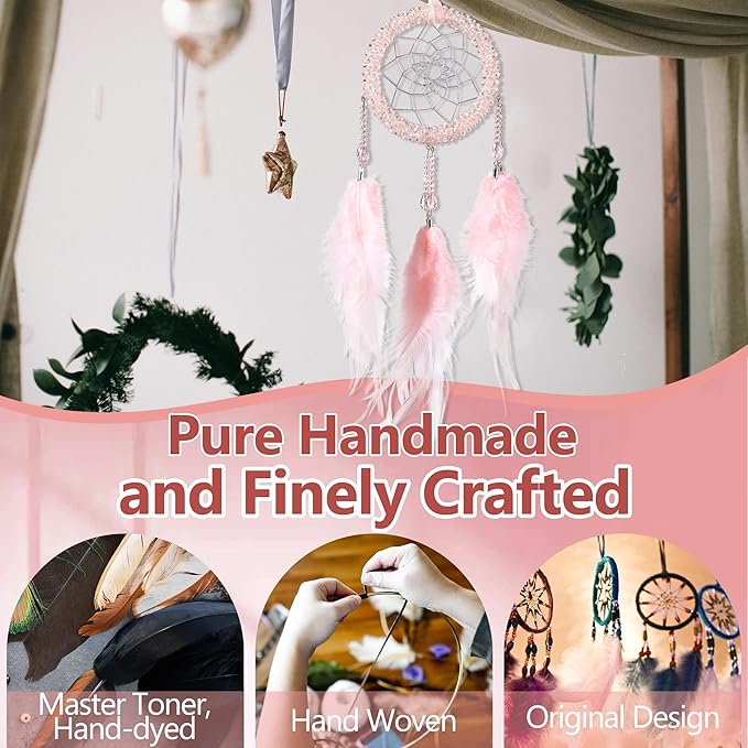 Luxury Dream Catchers - Light Pink Rooster Feather with Crystal Diamond, Handmade Small Dreamcatcher for Bedroom, A Dream Catcher for Girls, Dream Catchers for Boys, Dream Catcher Wall Decor