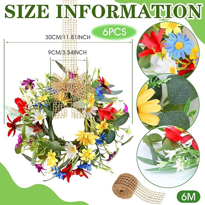 6 PCS Small Spring Floral Kitchen Cabinet Wreath Mini Artificial Sunflowers Daisy Wreath for Front Door with Burlap Ribbon Wide Flower Hanging Farmhouse Wreaths for Porch Wall Window Decor