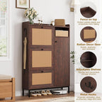GarveeHome Shoe Cabinet Rattan with 3 Flip Drawers and 4-Tier Shoe Storage Cabinet, Freestanding Shoe Organizer with Adjustable Shelves for Entryway, Closet, Hallway