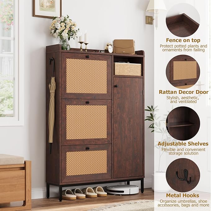 GarveeHome Shoe Cabinet Rattan with 3 Flip Drawers and 4-Tier Shoe Storage Cabinet, Freestanding Shoe Organizer with Adjustable Shelves for Entryway, Closet, Hallway