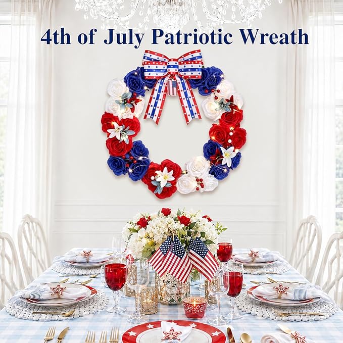 250th Anniversary Lighted Patriotic Wreath for Front Door 22 Inch 4th of July Artificial Red White and Blue Rose Wreath with Oversized Bow American Flag Wreaths for Memorial Day Independence Day Decor