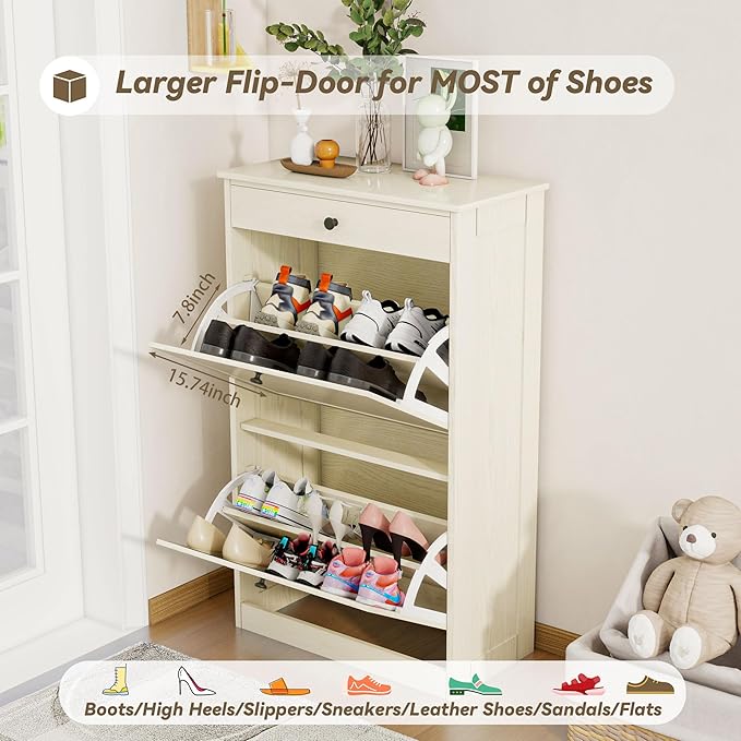 Shoe Cabinet with 2 Flip Drawers, Slim Freestanding Hidden Shoe Organizer with Drawer, Pet-Proof Shoe Storage Cabinet for Entryway Living Room Behind The Door, Light Oak