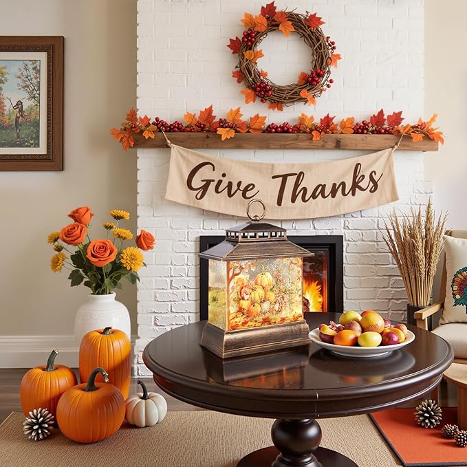 Fall Snow Globe Lantern Thanksgiving Pumpkins and Squirrels Water Lantern with Swirling Glitter 6H Timer Remote Control Fall Decorations for Home Thanksgiving Autumn Harvest (Pumpkin and Squirrel)