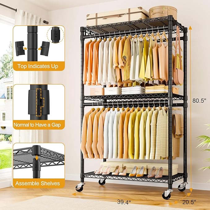 P5 Rolling Clothes Rack Heavy Duty, Clothing Racks for Hanging Clothes, Metal Garment Rack with Wheels, 3-Tier Portable Closet Rack 39.4'' W × 20.5'' D × 80.5'' H, Max Load 650 Lbs, Black