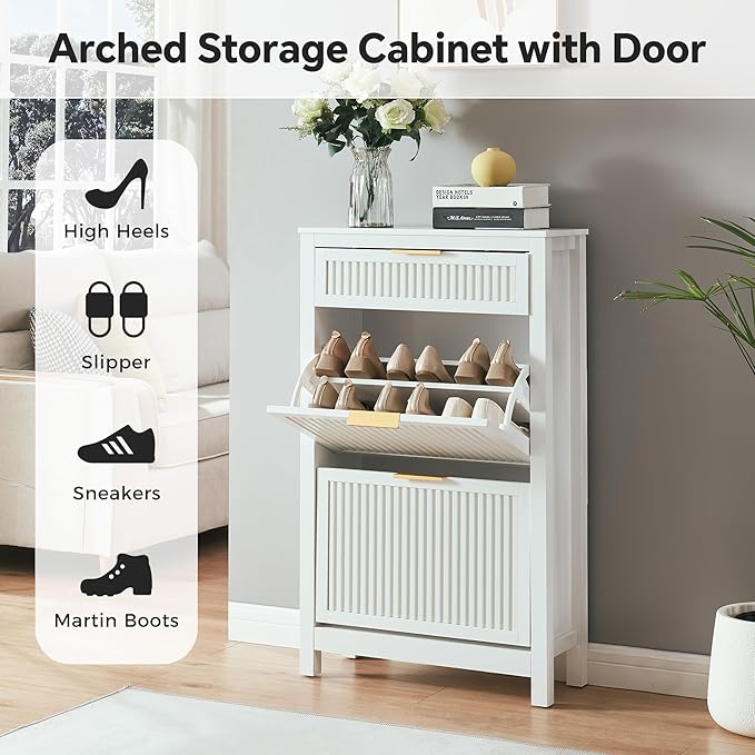 2 Flip Drawers Shoe Cabinet Storage for Entryway, Narrow Shoes Organizer Cabinet for Front Door Entrance, Free Standing Hidden Wooden Hallway Shoe Rack(White)