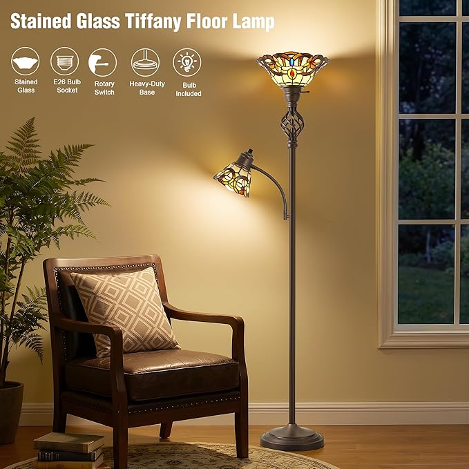 GyroVu Tiffany Floor Lamp, Torchiere Floor Lamps with Stained Glass Shade, 70" Tall Standing Lamp with Adjustable Gooseneck Reading Lamp for Living Room Bedroom Office, Bulbs Included