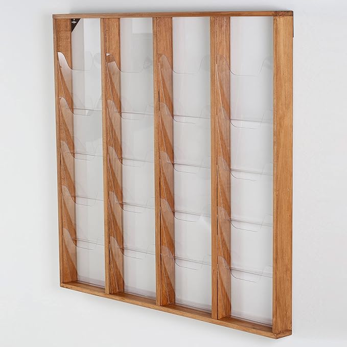 M&T Displays Wal Mount Dark Wood Magazine Brochure Rack Wooden Leaflet Literature Catalog Holder Easy Assembly Durable Clear PET G Pocket 20x(8.5x11) Inch for School Office Hospital Hotel Indoor