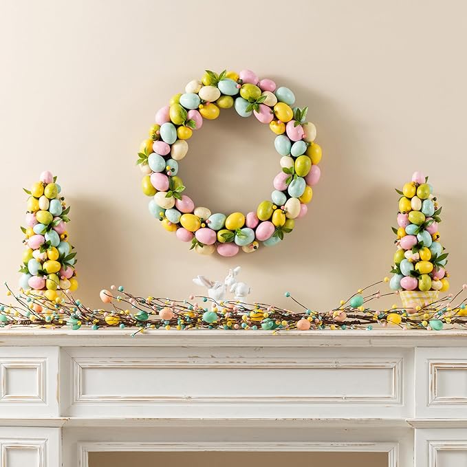 Glitzhome 18" Easter Wreath with Eggs Spring Front Door Decoration Artificial Eggs Wreath for Home Party and Holiday Celebrations