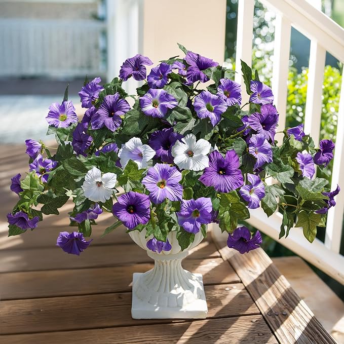 HyeFlora Artificial Flowers for Outdoors 2PCS Spring Faux Morning Glory Look Real Silk Flowers for Outside Planter UV Resistant Fake Flowers for Home Garden Balcony Yard Porch Deco Purple