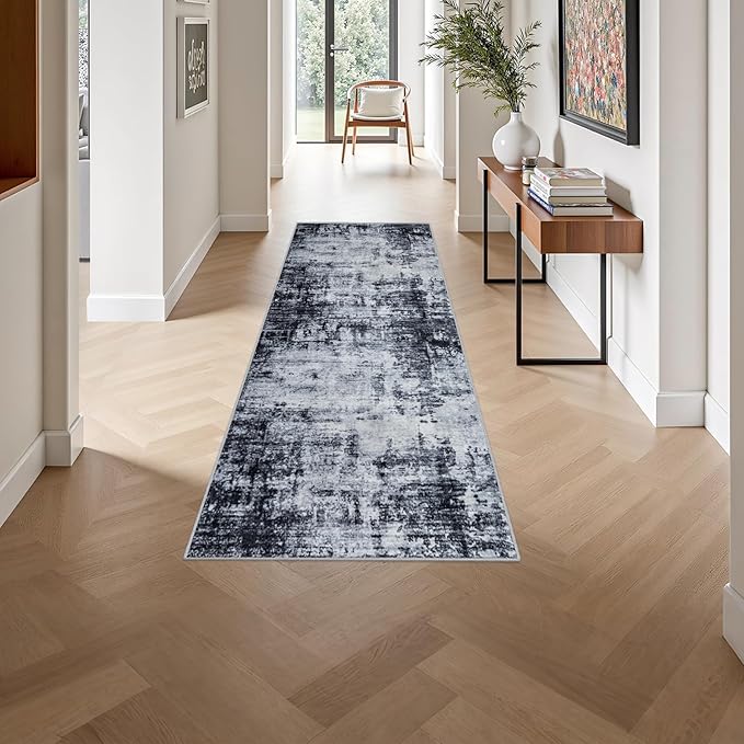 2'x6' Runner Rug Washable Rug: Modern Abstract Soft Thin Runner Rug Dark Black