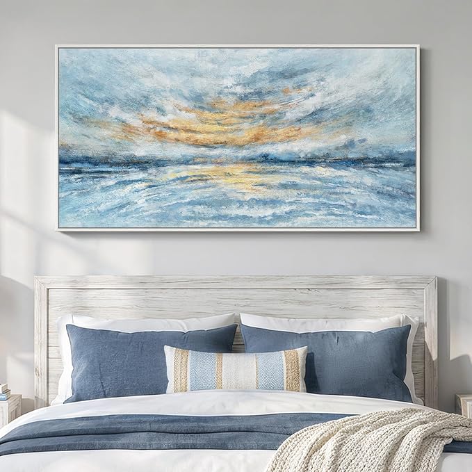 Large Framed Blue Gold Abstract Wall Art for Living Room, Horizontal Coastal Canvas Prints Paintings Artwork for Walls, Modern Ocean Landscape Pictures Wall Decor for Bedroom Dining Room Office 30x60