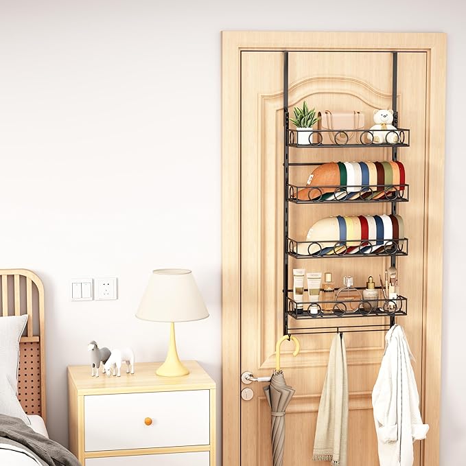 Over Door Hat Organizer 5 Tier Wall Mounted Hat Rack with 4 Adjustable Metal Basket and 3 Hooks Hat Organizer for Baseball caps Hat Hanger Holder Display for Door Closet Cap Organizer Storage