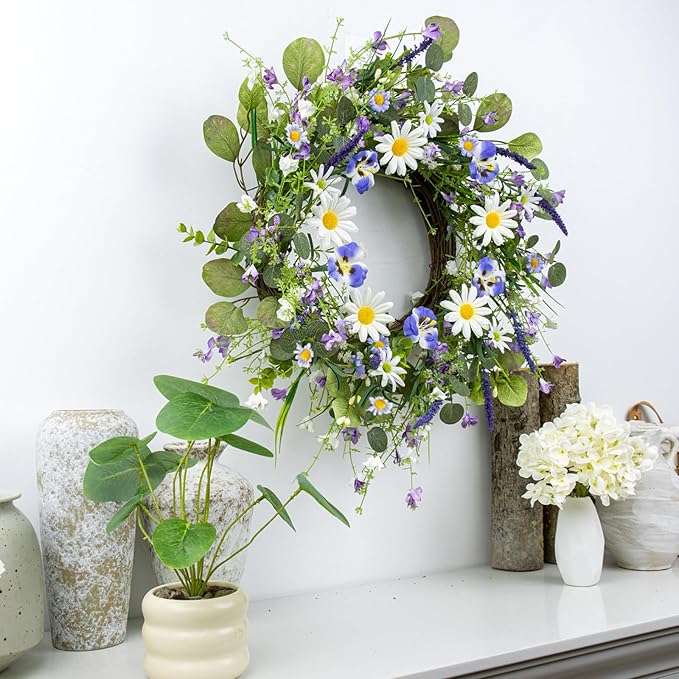 22 Inches Summer Wreath Rustic Summer Wreaths for Front Door Spring Flower Wreath Farmhouse Spring Floral Wreaths with Blue Phalaenopsis Orchid for Window Wall Porch Indoor Decoration