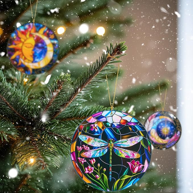 Dragonfly Christmas Ornaments Round Stained Glass Effect Acrylic Dragonfly Ornament for Tree Hanging, Christmas Theme Gift Set for Gifts Lovers, Ornament Wall Art, Thanksgiving Gift