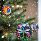 Dragonfly Christmas Ornaments Round Stained Glass Effect Acrylic Dragonfly Ornament for Tree Hanging, Christmas Theme Gift Set for Gifts Lovers, Ornament Wall Art, Thanksgiving Gift