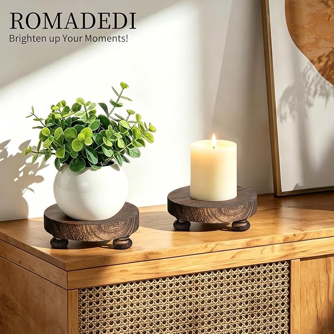 Romadedi Farmhouse Wood Riser for Display- 2 pcs Rustic Decor Mini Wooden Pedestal Decorative Round Tray for Home Table Bathroom Counter Shelf Kitchen, Brown