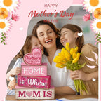Lineshading 4 Pcs Mothers Day Table Decorations Wooden Pink Heart Decor Happy Mother's Centerpieces Gifts for Mom from Daughter Son Mothers Day Decorations for Home Shelf Indoor Party Decoration