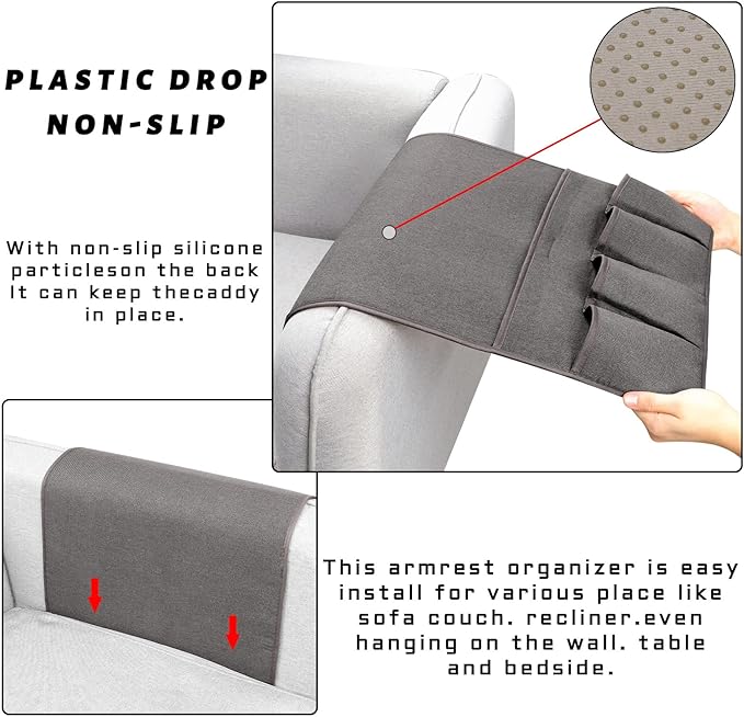 NB Sofa Armrest Organize Remote Holder Bedside Caddy Organizer With 5 Pockets，Non-Slip Couch Remote Control Holder Couch Armchair Caddy Accessories (Dark Grey, 35''X18'')