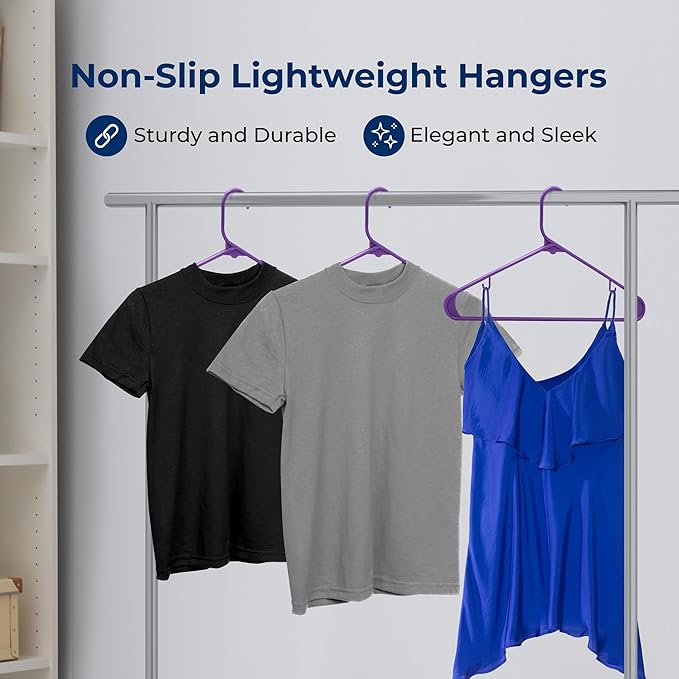 SereneLife Premium 10 Pack Plastic Hangers, Lightweight, Durable, Space Saving Clothes Organizers, Suitable for Shirts, Sweaters, Hoodies, Dresses, Kids Clothes, Good for Home Organization (Purple)