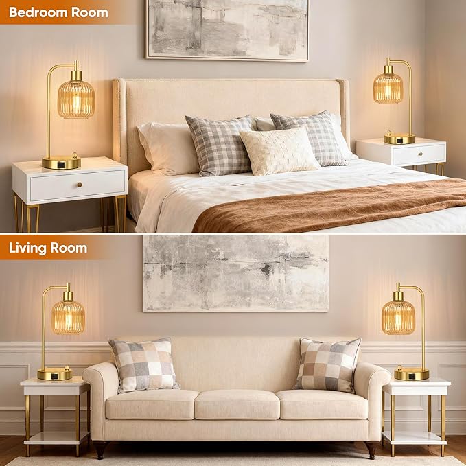 QiMH Industrial Table Lamp for Bedroom Set of 2, Champagne Glass Beside Lamp with USB A&C Ports, Stepless Dimmable Gold Lamps, Nightstand Lamps for Living Room, Office, Home Decor(Bulb Included)