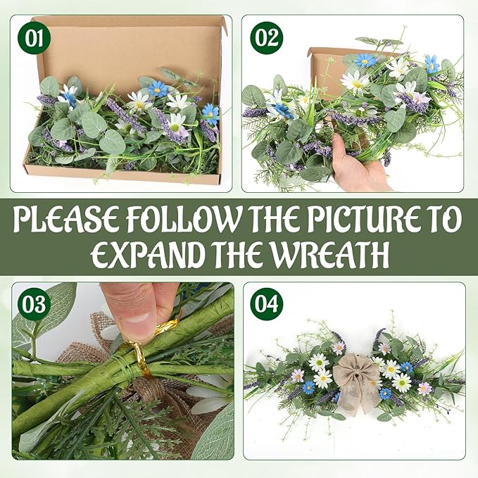 24'' Spring Wreaths for Front Door Summer Floral Swag Blue Spring Door Wreath with Wildflower Lanvender for Wall Porch Indoors Outdoor Window Home Decorations