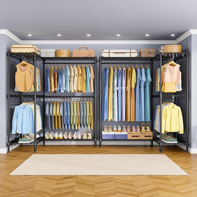 E15 Pro Garment Rack L Shaped Clothes Rack for Corner，Freestanding Clothing Racks for Hanging Clothes，Heavy Duty Closet System with 4 Hanging Rods & 8 S Hooks，48.8"W x 15.8"D x 78.4"H，Black