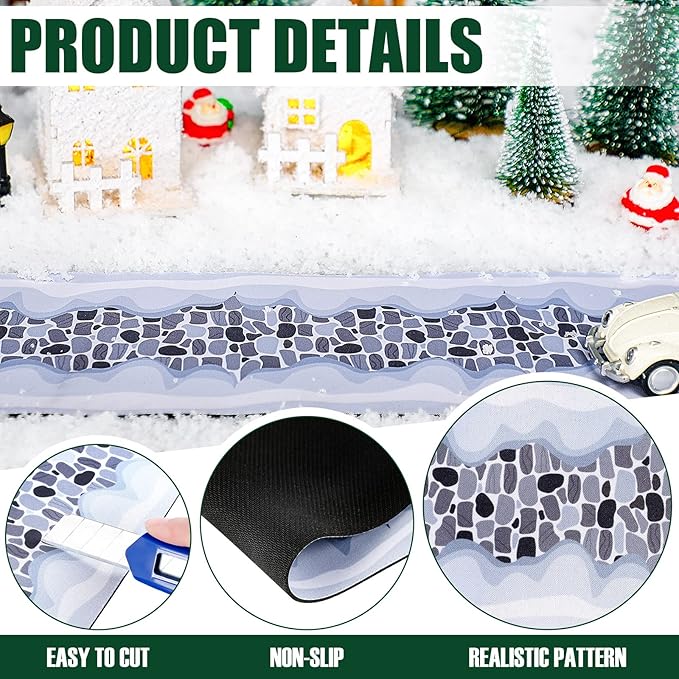 Christmas Village Accessories Christmas Village Roads and Streets Sets Snow Mat Xmas Cobblestone Road Snow Brick Mat for Miniature Landscape Home Garden, 4.7 x 47.2 Inch(4 Pieces)