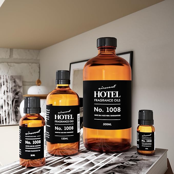 AirScent Hotel Diffuser Oil No. 1008 - White Tea, Aloe Vera & Sandalwood - Hotel Scent Dupe - Premium Fragrance Oil for Ultrasonic and Waterless Diffusers and Crafting - 120 mL, 4 fl oz Glass Bottle