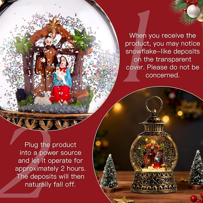 Christmas Nativity Snow Globe, Nativity Musical Snow Globe Lantern Lights with 6H Timer Battery & USB Powered, Retro Style Holiday Glitter Globe for Xmas Home Decoration Holiday Party Gifts