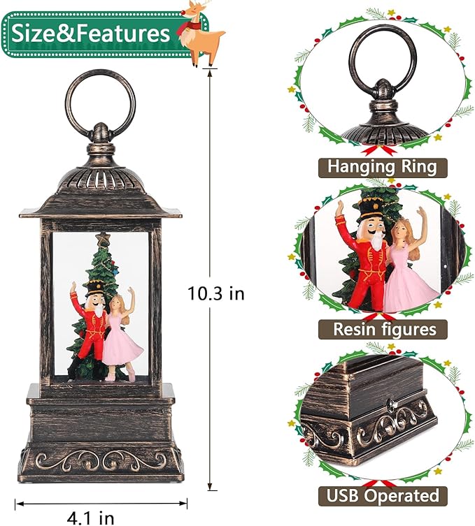 Christmas Snow Globe Decorations, Musical Glitter Nutcracker Lantern with 6H Timer, USB/Battery Powered Lighted Décor for Home, Tabletop, Gift Box
