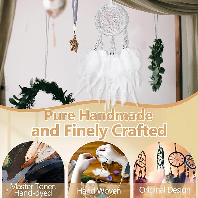 Luxury Dream Catchers - White Rooster Feather with Crystal Diamond, Lace Lanyard, Handmade Small Dreamcatcher for Bedroom, A Dream Catcher for Girls, Dream Catchers for Boys, Dream Catcher Wall Decor