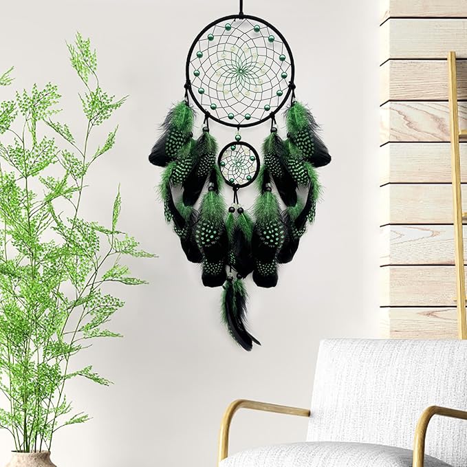 Green and Black Dream Catcher Wall Decor Feather Dream Catchers with Luminous Bead Handmade Dreamcatcher Wall Hanging Ornament for Bedroom Living Room Home Decor