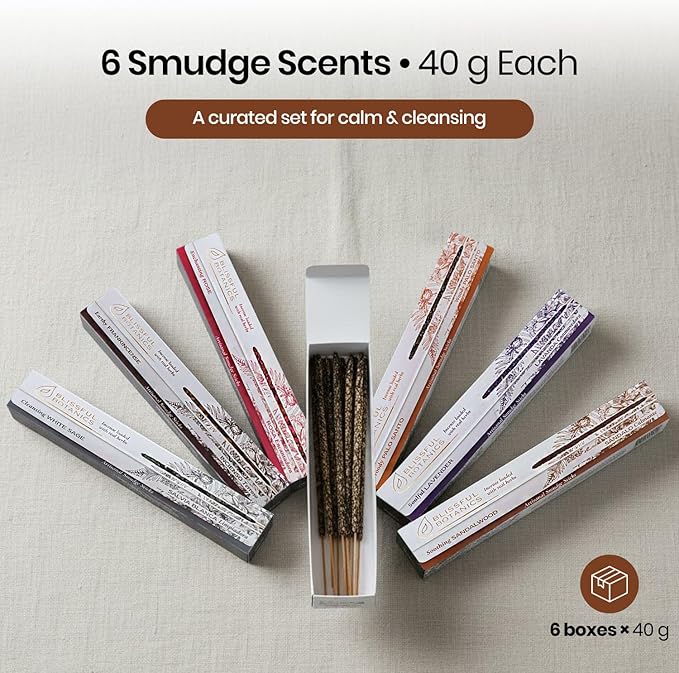 Tulasi Smudge Incense Sticks Gift Pack – 6 Scents x 40g Each – White Sage, Palo Santo, Lavender, Frankincense, Sandalwood, Rose - 48 Natural Herbal Incense for Yoga, Meditation