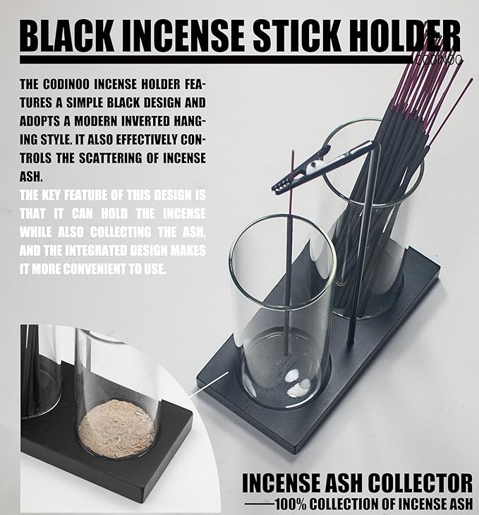 2 in 1 Incense Holder for Sticks Incense Burner Holder with Storage,Glass Upside Down Incense Holder for Sticks with Glass Ash Catcher for Meditation Yoga Spa Room Home Decor[2 Long Black]