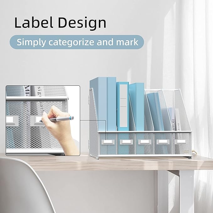 SUPEASY Desk Organizers Metal Desk Magazine File Holder with 5 Vertical Compartments Rack File Organizer for Office Desktop, Home Workspace, White (Pack of 2)