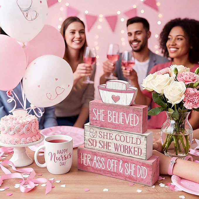 Lineshading 4 Pcs Nurse Appreciation Wooden Block Decor Inspirational "she Believed She Could" Stacked Sign with Nurse Hat Rustic Pink White Table Decoration for Nurses, Graduation Gift, Home & Office