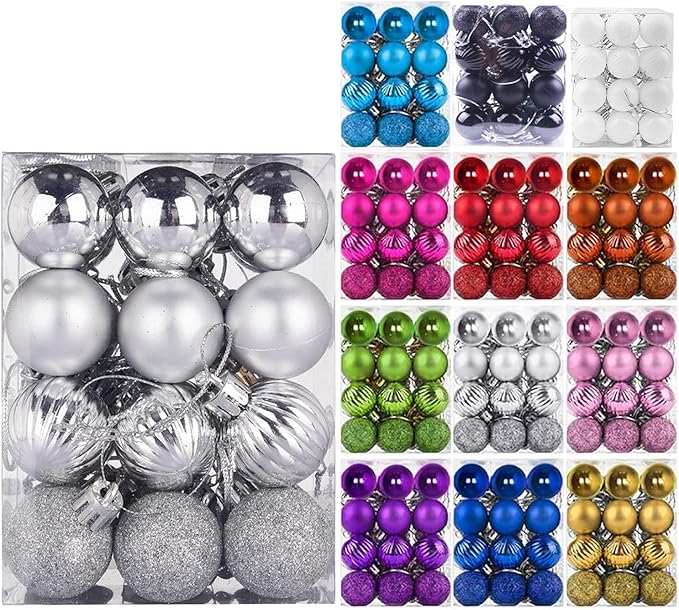 Emopeak 24Pcs Christmas Balls Ornaments for Xmas Christmas Tree - 4 Style Shatterproof Christmas Tree Decorations Hanging Ball for Holiday Wedding Party Decoration (Silver, 1.3"/3.2CM)