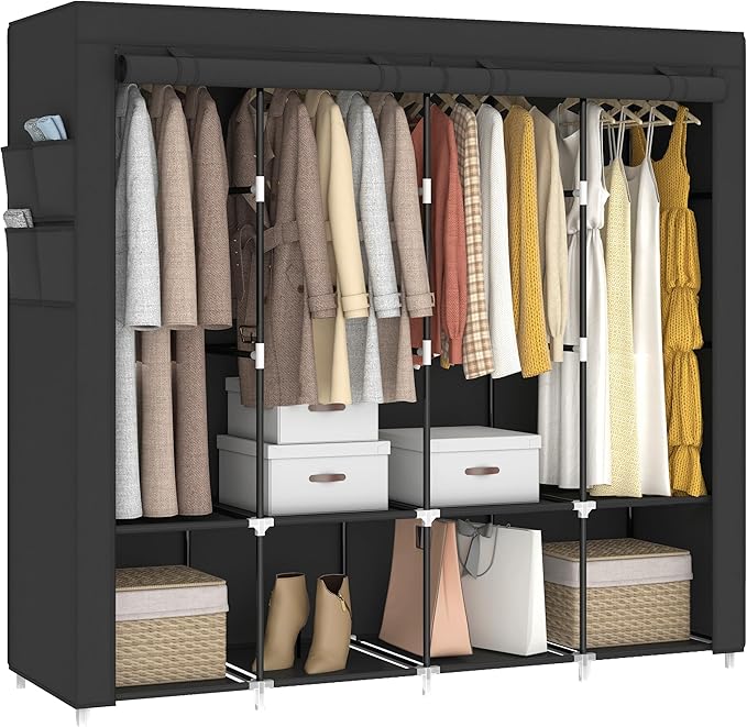 67 Inch Portable Closet Wardrobe for Hanging Clothes, Wardrobe Closet with Cover, 4 Hanging Rods and Side Pockets, 8 Storage Shelves, Large Clothes Organizer for Bedroom, Living Room, Black