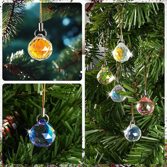 Crystal Suncatcher Ornaments Christmas Tree Decorations, 12PCS Xmas Iridescent Crystal Ball Prism, Mini Round Ball Drop Hanging Ornament for Xmas Tree Suncatcher Chandelier Wedding Party Home Decor