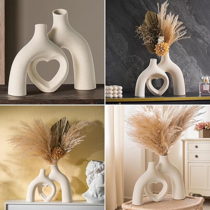 Modern Ceramic Vase, Snuggle Heart-Shaped Abstract Sculpture Vases, Minimalist Boho Home Decor for Living Room Shelf & Table Centerpiece Decorative Vase (Milky White)