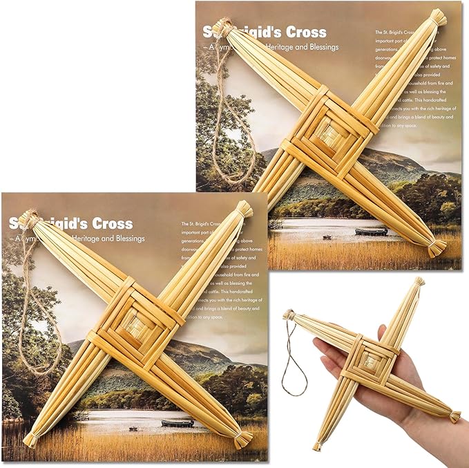 Kathfly 2 Pcs St. Brigid's Wall Cross and Card Irish Gift Saint Brigid's Cross History Card Irish Blessing Gift Ireland Hanging Wall Traditional Decor for Celtic Imbolc Home(10 in,Classic,Straw Color)
