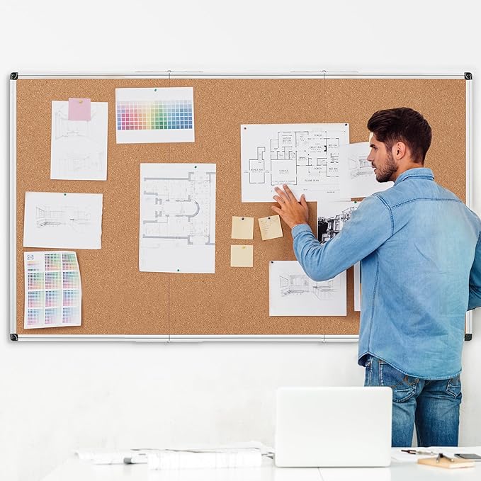 Extra Large Cork Bulletin Board 96" X 48", Foldable Notice Pin Board for Wall, Silver Aluminum Framed 8'x4' Corkboard, Wall Mounted Noticeboard with 36 Push Pins for School, Home & Office